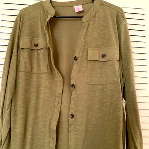 Button-down olive color shirt light and soft texture